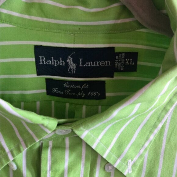 Ralph Lauren Men's Custom Fit Fine Two-Ply 100's Bright Green Striped Shirt - Picture 3 of 6